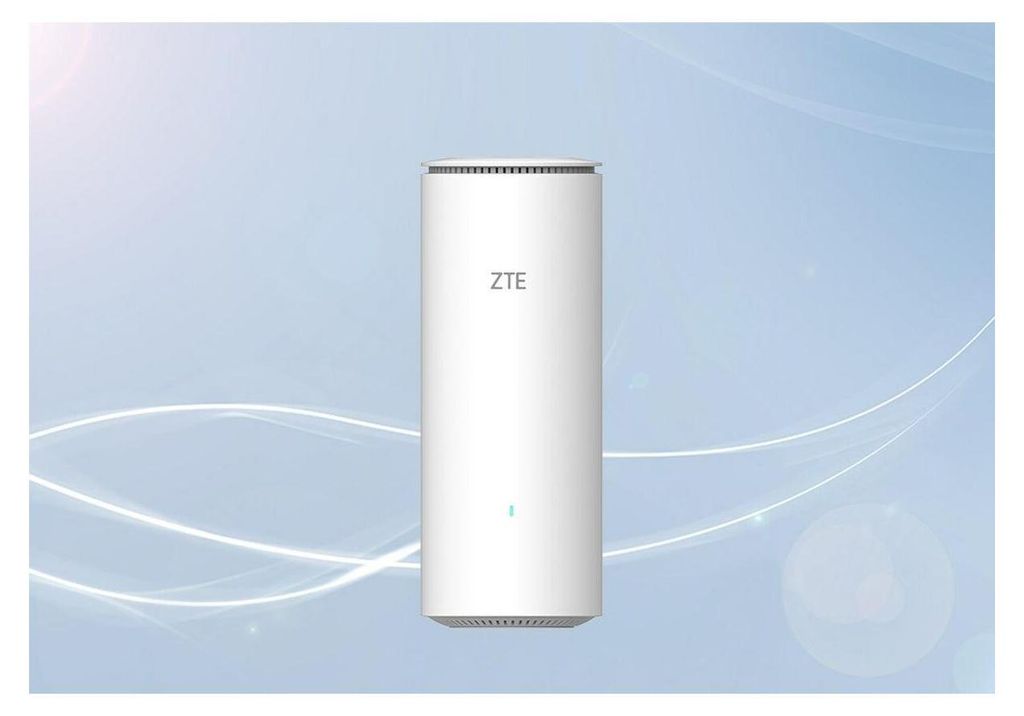 A white ZTE router is centered against a light blue and white gradient background with abstract white lines.
