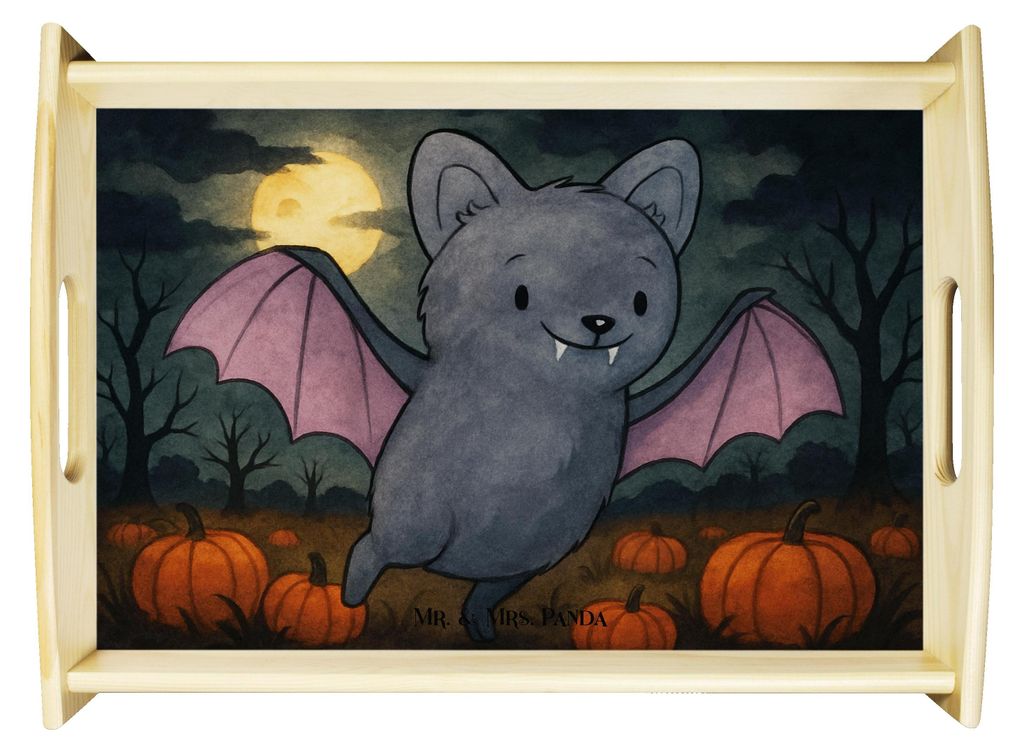 Mr. & Mrs. Panda Tablett Fledermaus Erschrecken Design - Weiß - Geschenk, Serviertablett, Dekotablett, aus holz, Servier, Halloween, Sofa