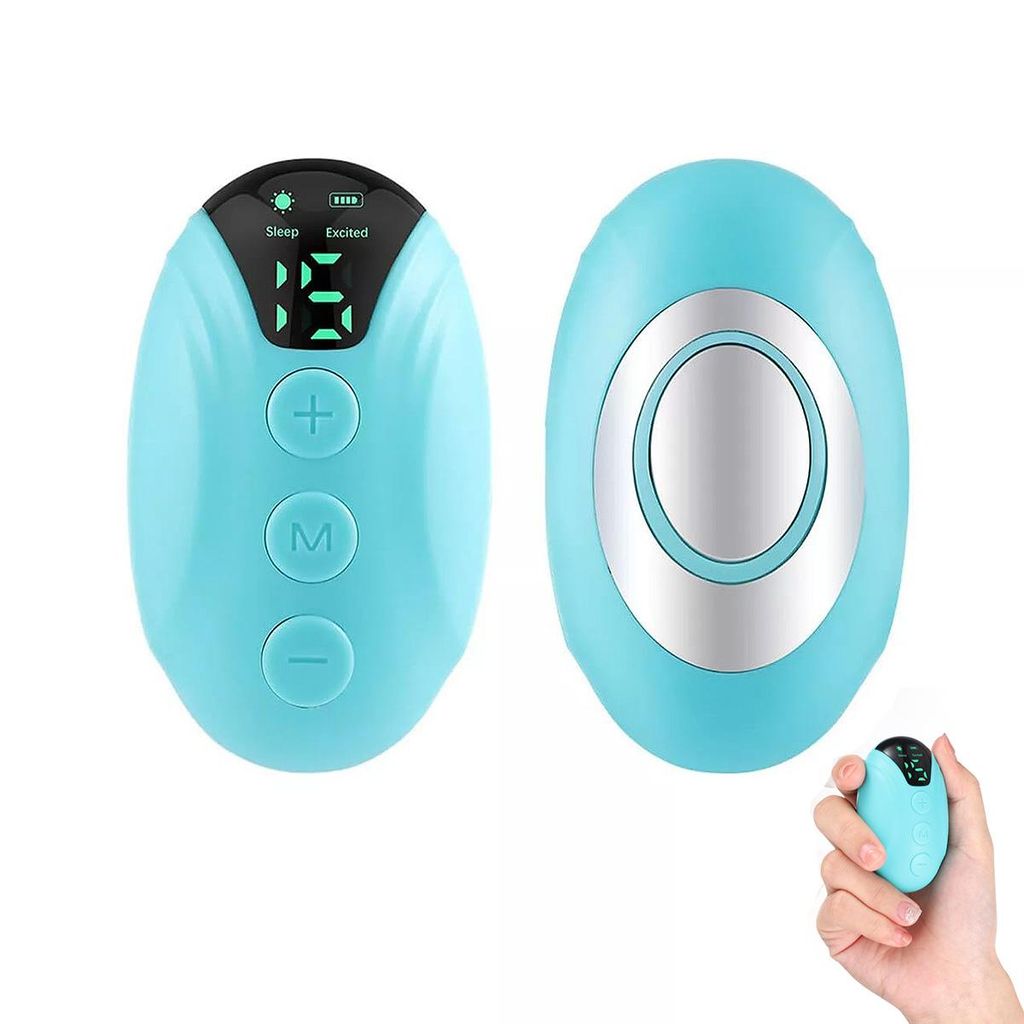 A product shot of a blue electronic device, with a smaller version held in a hand.