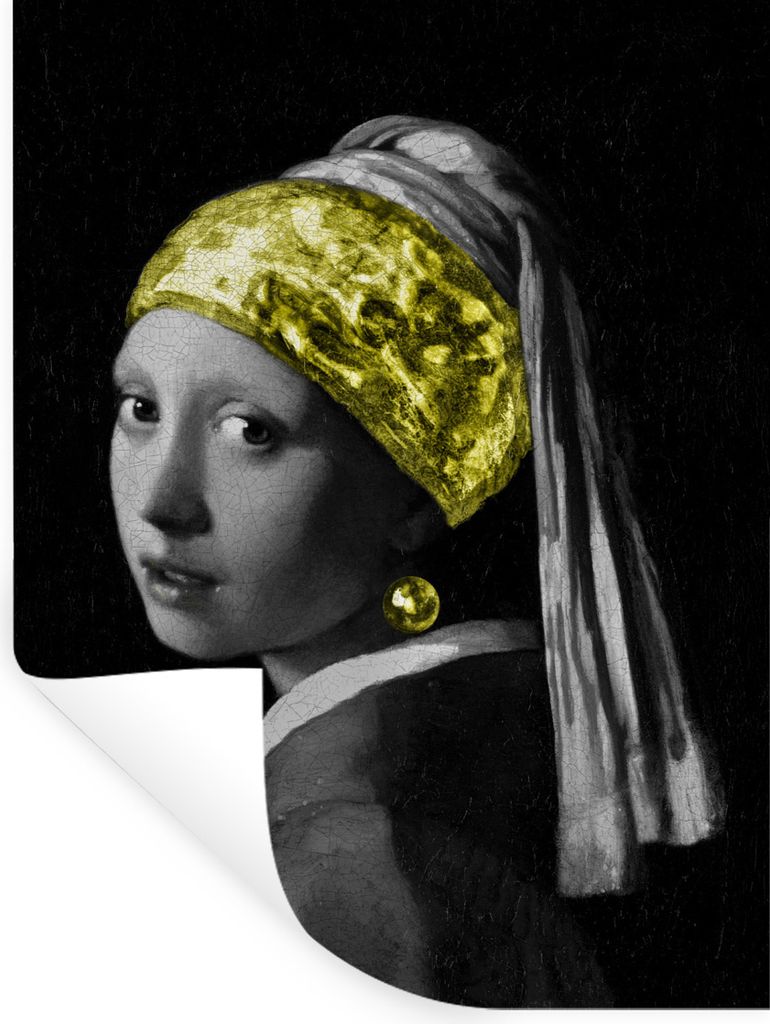 MuchoWow Wandtattoo Wandsticker Wandaufkleber Mädchen mit Perlenohrring - Gold - Schwarz 120x160 cm Selbstklebend und Repositionierbar - Wierder...