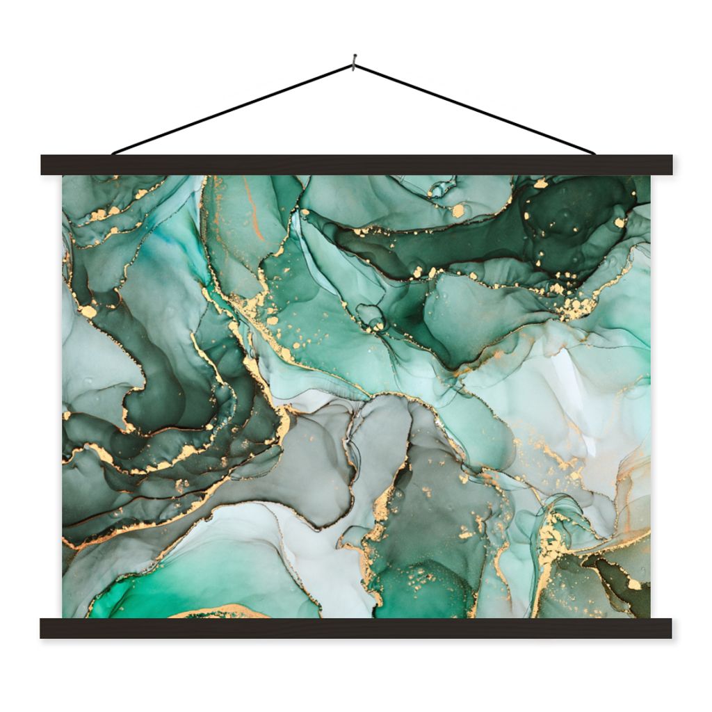 MuchoWow Textilposter Gold - Marmor - Grün - Luxus - Marmoroptik - Grau 150x113 cm mit schwarzem Rahmen - Wohnzimmer