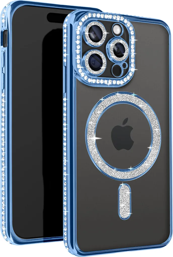 Custodia iPhone 15 Pro Avizar MagSafe Blu Chiaro con Strass Diamantati