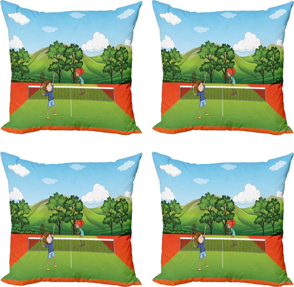 ABAKUHAUS Sport Kissenbezug Set (4 Stück), Freunde spielen Tennis, Moderner Doppelseitiger Digitaldruck, 45 cm x 45 cm, Mehrfarbig