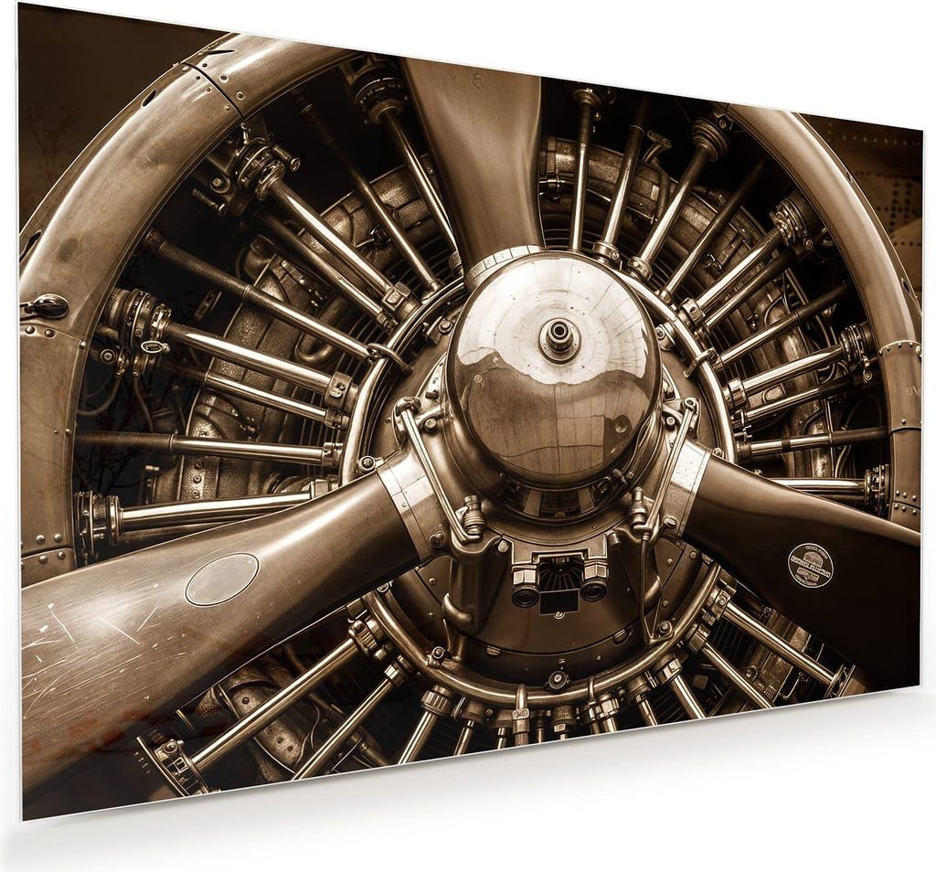 Glasbild 120x80cm in XXL für Wohnzimmer, Schlafzimmer Motiv Flugzeugmotor