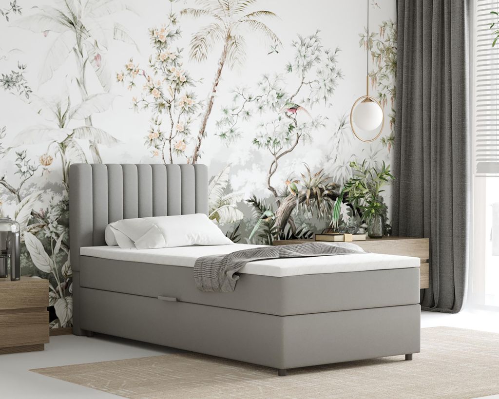 Boxspringbett 90x200 EVEREST, mit Topper, mit Bettkästen, Einzelbett, Hellgrau, Panda Möbel