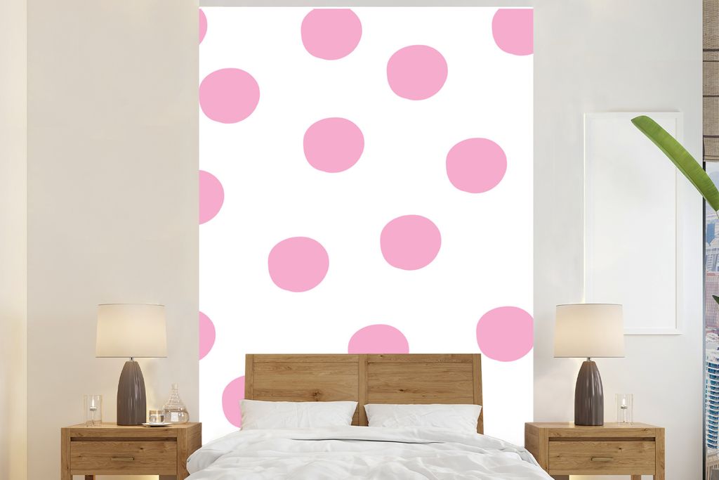 MuchoWow Fototapete für Wohnzimmer oder Schlafzimmer Wandtapete Vinyl Motivtapete Illustration eines Musters mit rosa Punkten auf weißem Hinter...