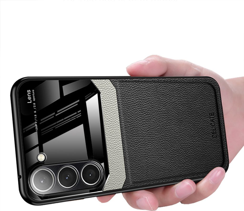Galaxy S23 Hülle, TPU Stossfest Anti-rutsch Leder Glas Len Hybrid Schutzhülle für Samsung Galaxy S23 Schwarz