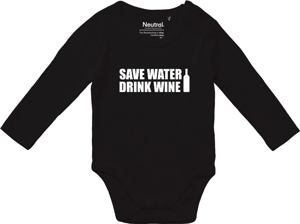 Huuraa Baby Body Save Water Drink Wine Weinflasche 74 Black Baumwolle Fairtrade Langarmbody Geschenkidee