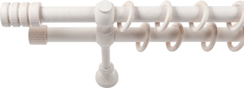SN Deco - Stilgarnitur Gardinenstange Vorhangstange Pisa, Holz, 28mm, 2-Lauf, Komplettset mit Ringen, Farbe Antikweiß 360cm (4x180cm)