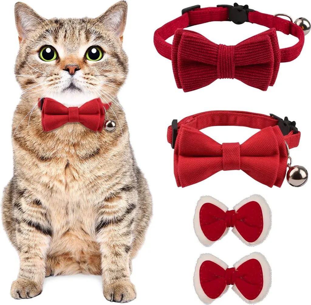 Collier chat réglable en polyester rouge avec clochette et nœud - Lot de 2