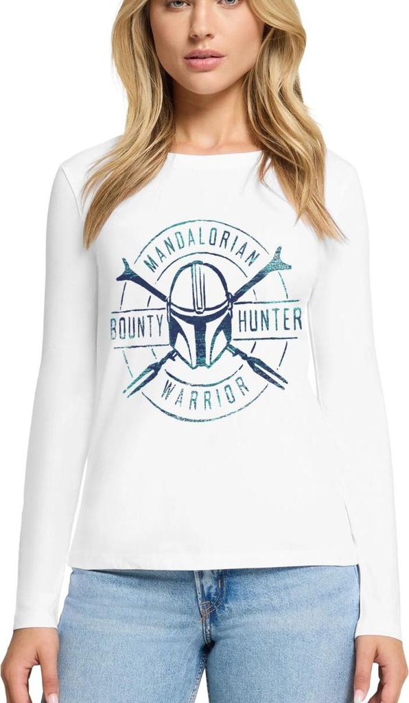 Star Wars: Mandalorian Bounty Hunter Warrior Motiv Premium Langarmshirt Damen, S, Weiß
