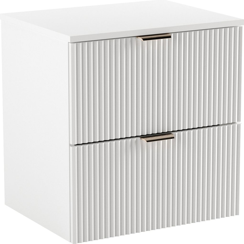 A white two-drawer vanity unit with fluted fronts and gold handles, shown against a white background.