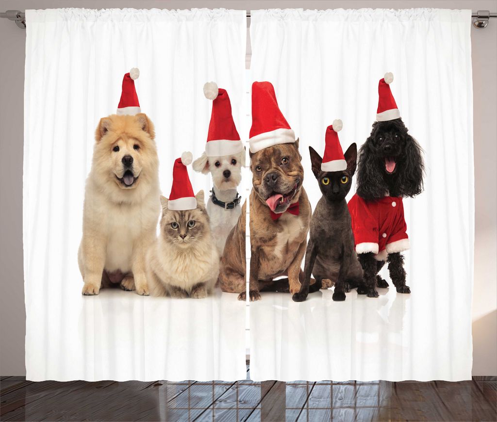 ABAKUHAUS Hund und Katze Rustikaler Gardine, Team von Haustieren Hecheln, Schlafzimmer Kräuselband Vorhang mit Schlaufen und Haken, 280 x 245 cm, ...