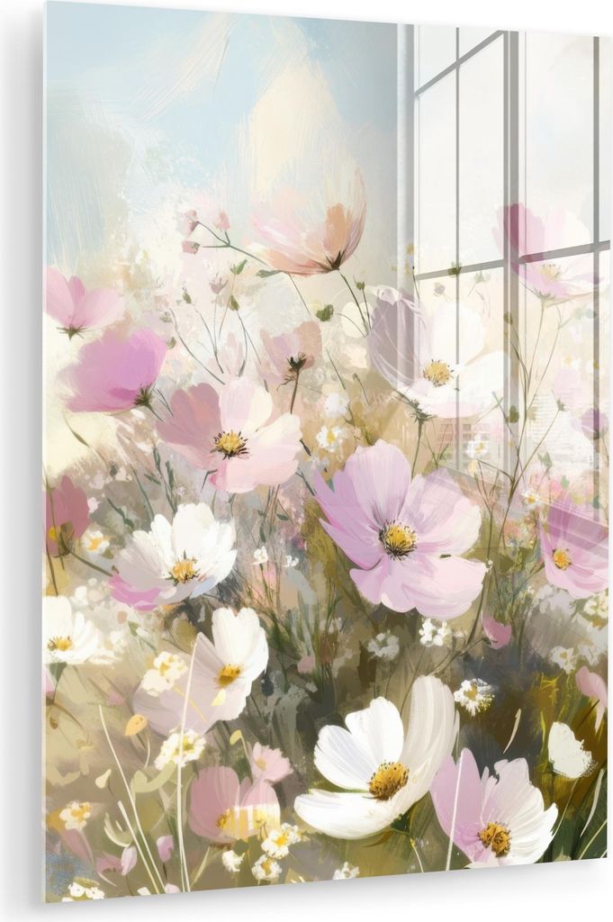 MuchoWow Glasbilder - Bilder auf Wandbild - Foto auf Glas Blumenfeld - Helle Farbtöne - Gemalt 30x40 cm Wanddekoration aus Glas - Acrylglasbild - ...