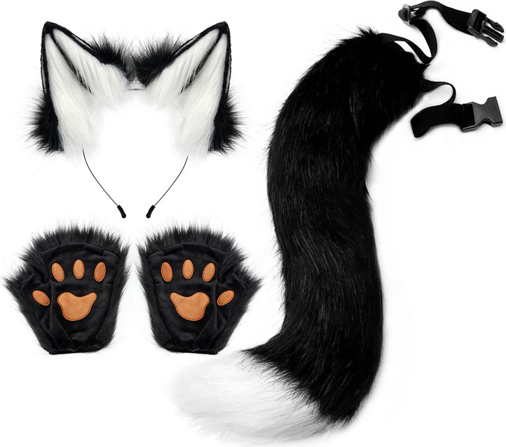 Kunstfell-Tierkostüm-Zubehör, handgefertigt, Katzenohr-Haarband, Fuchsschwanz, Krallenhandschuhe, Set für Anime, Cosplay, Party, Schulaufführung