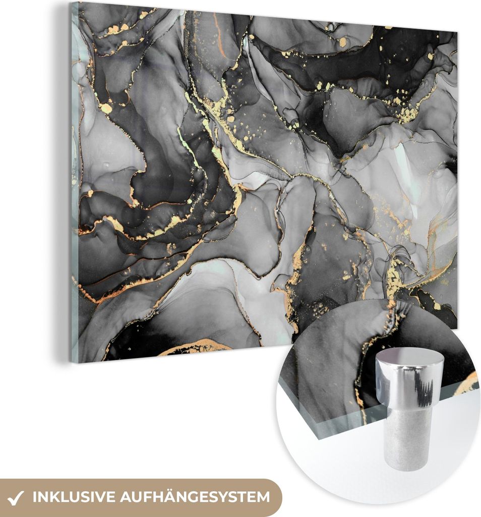 MuchoWow Glasbilder - Bilder auf Wandbild - Foto auf Glas Marmor - Schwarz - Gold - Grau 30x20 cm Wanddekoration aus Glas - Acrylglasbild - Acrylbi...