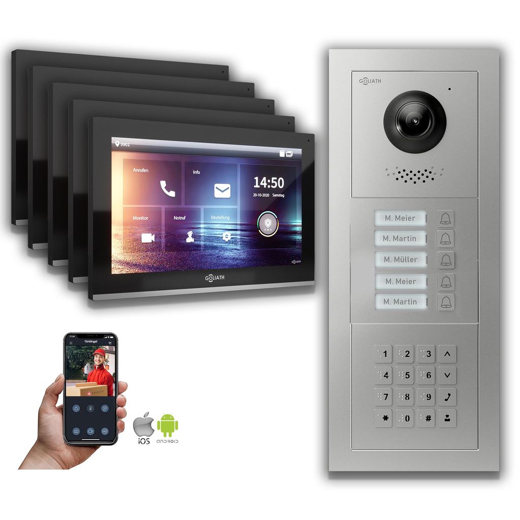 Goliath IP Video Türsprechanlage: 10-Zoll 5 Familienhaus, Zahlencode, Silber : 10 Zoll in Schwarz : Unterputzdose Monitor Auswahl: 10 Zoll in Schw...