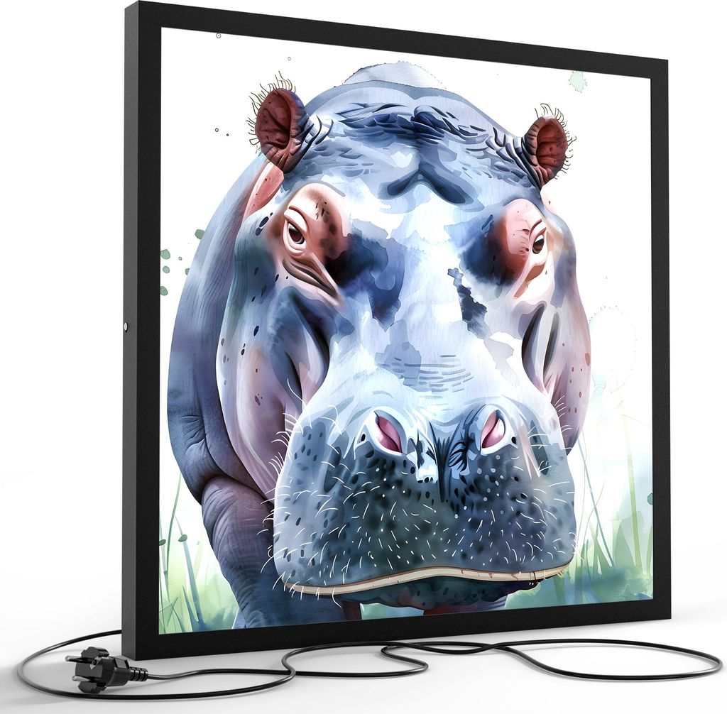 DEQORI LED-Bild & Lampe 60x60 cm Schwarz 'Dickhäuter in Aquarell' Leuchtbild LED Leuchte