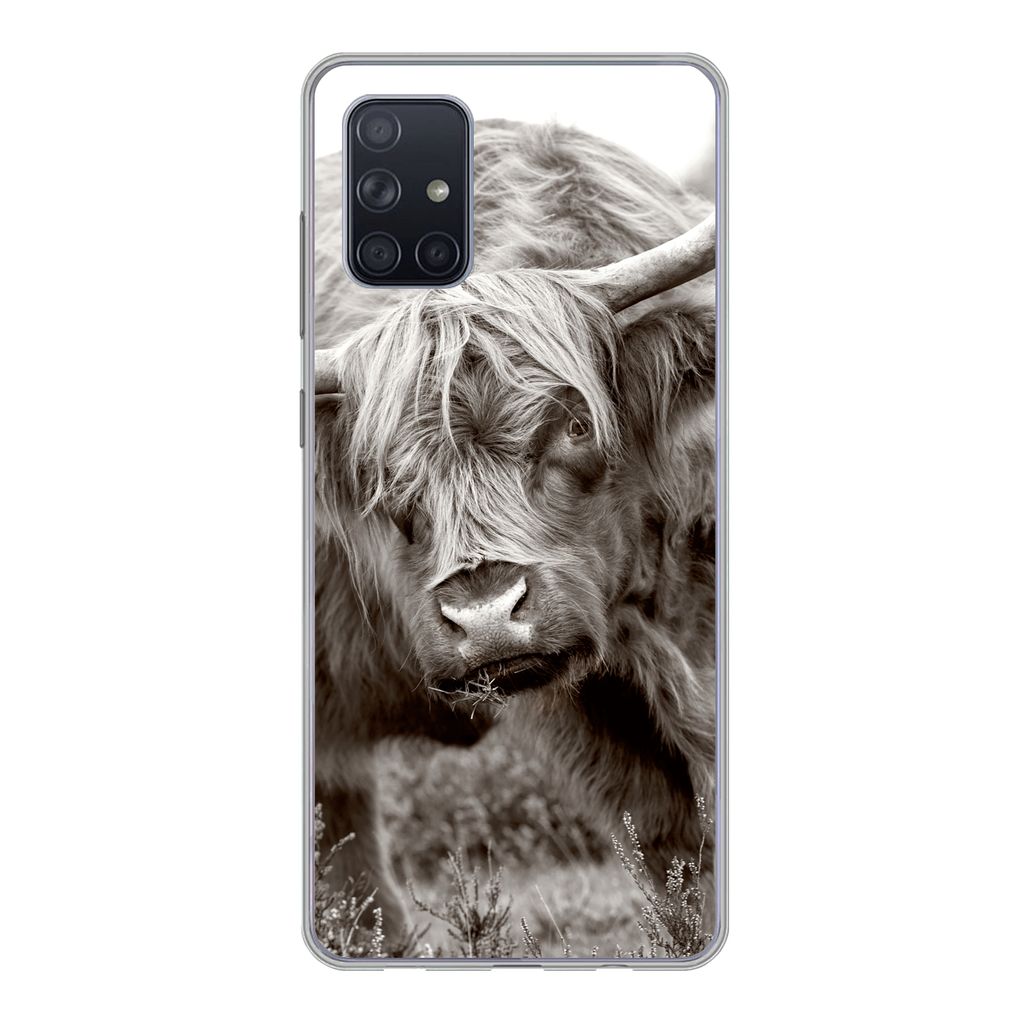 MuchoWow Handyhülle Schutzhülle Hülle für Samsung Galaxy A51 Schottischer Highlander - Schwarz - Weiß - Hörner Silikon Softcase Handy Hüll...