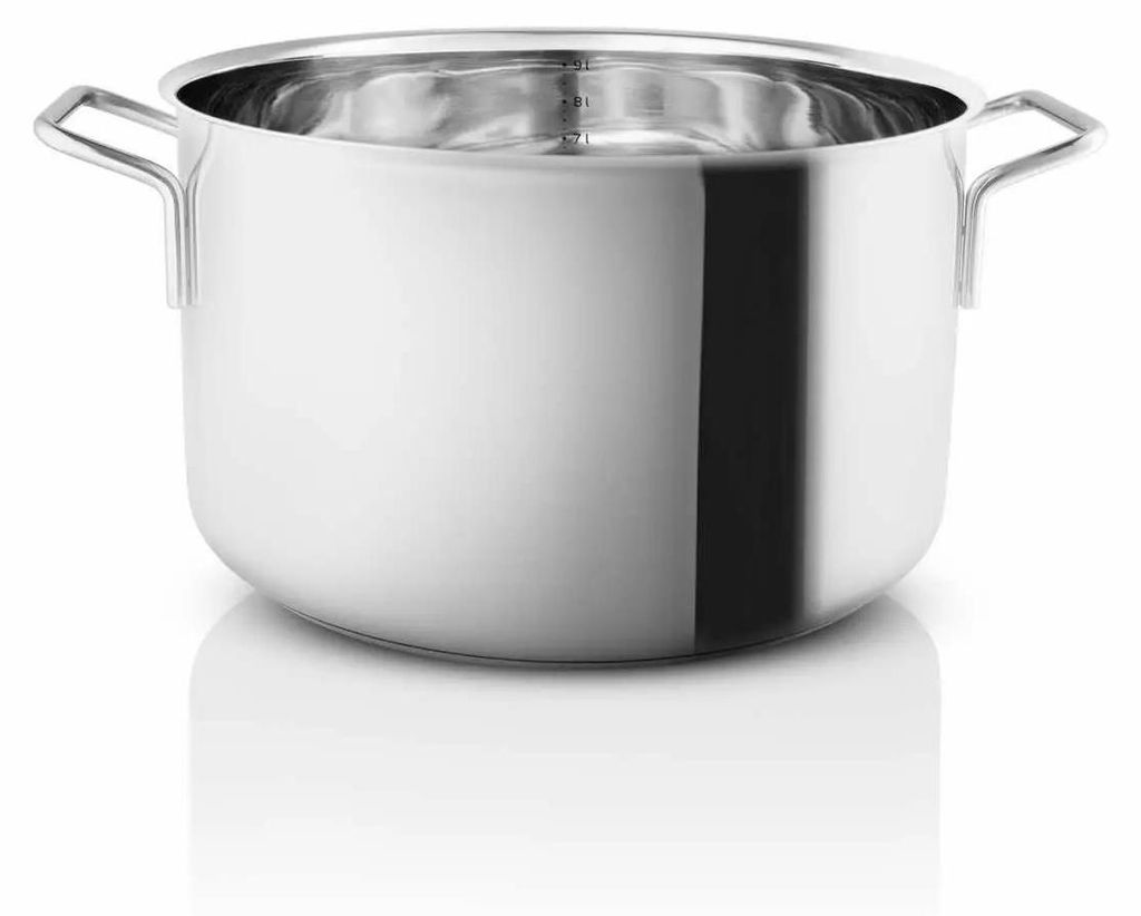 A stainless steel pot with handles is shown against a white background.