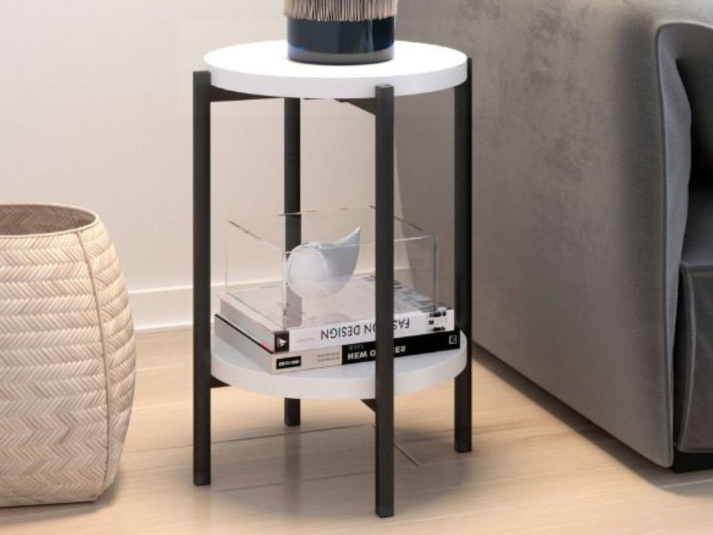 GrainGold Beistelltisch mit Ablage Sevilla - Runder Tisch, Wohnzimmer Couchtisch, Moderne Couchtisch - Beistelltisch Weiß Glanz