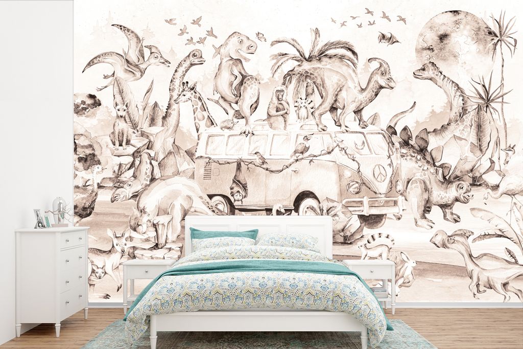 MuchoWow Fototapete für Wohnzimmer oder Schlafzimmer Wandtapete Vinyl Motivtapete Dinosaurier - Bus - Kinder - Tiere - Bäume - 360x240 cm - Kin...