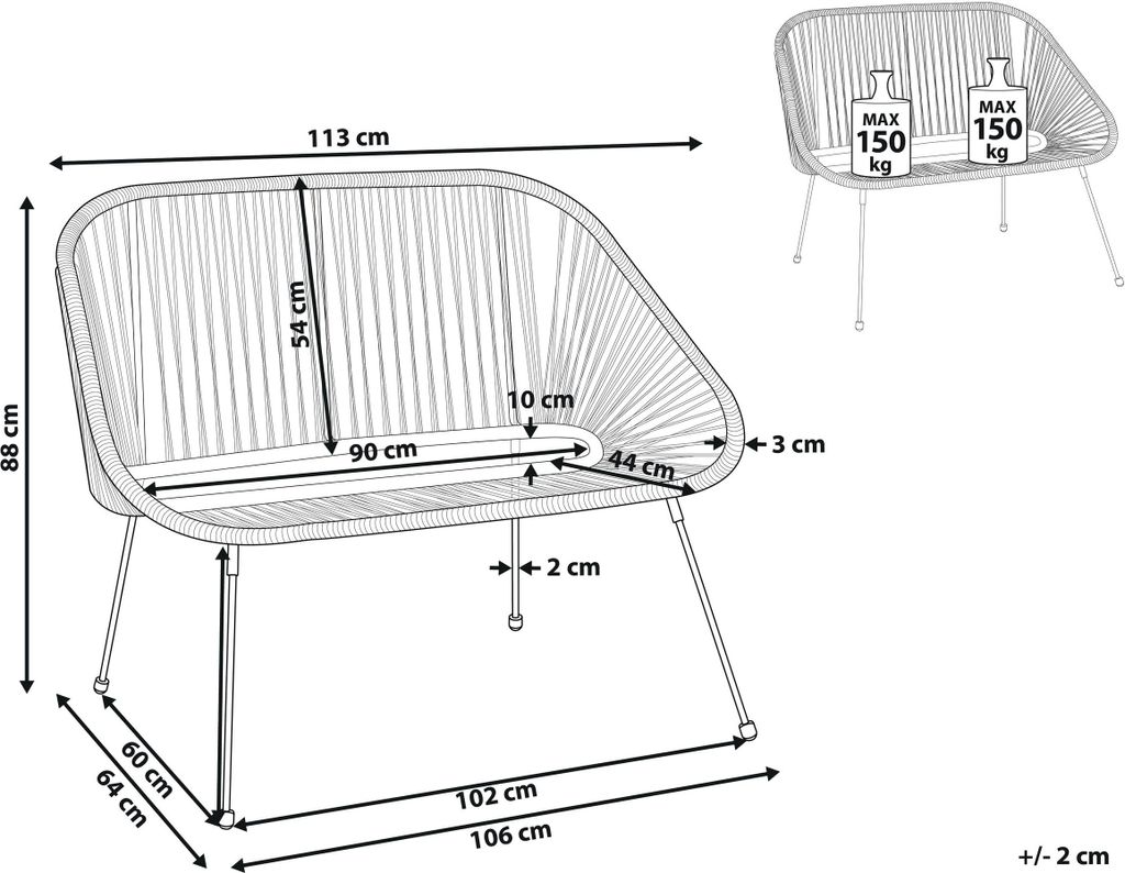 BELIANI Ławka sofa balkonowa czarna technorattan stal 114 Zdjęcie produktu 3