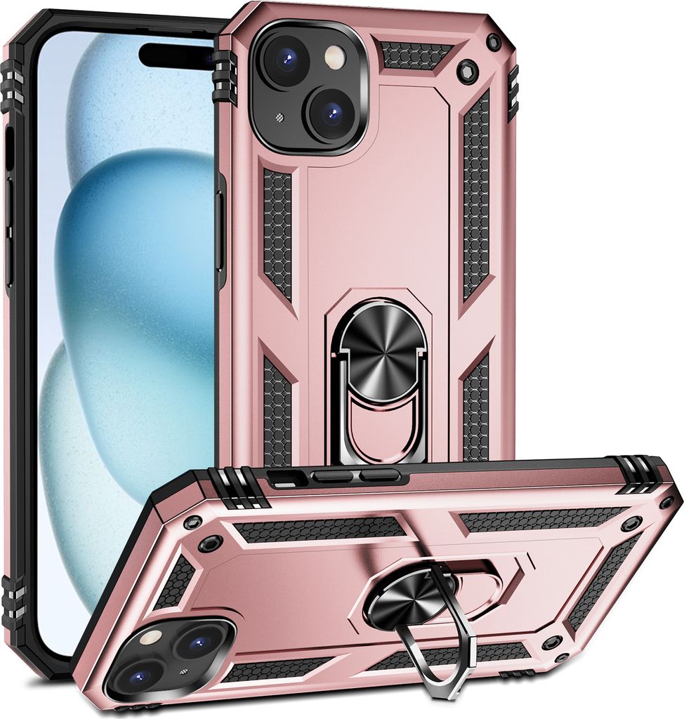 Schutzhülle für iPhone 15 Plus, Dual Layer Militäre Fallschutz Hülle mit Ringhalterung Ständer für iPhone 15 Plus Roségold