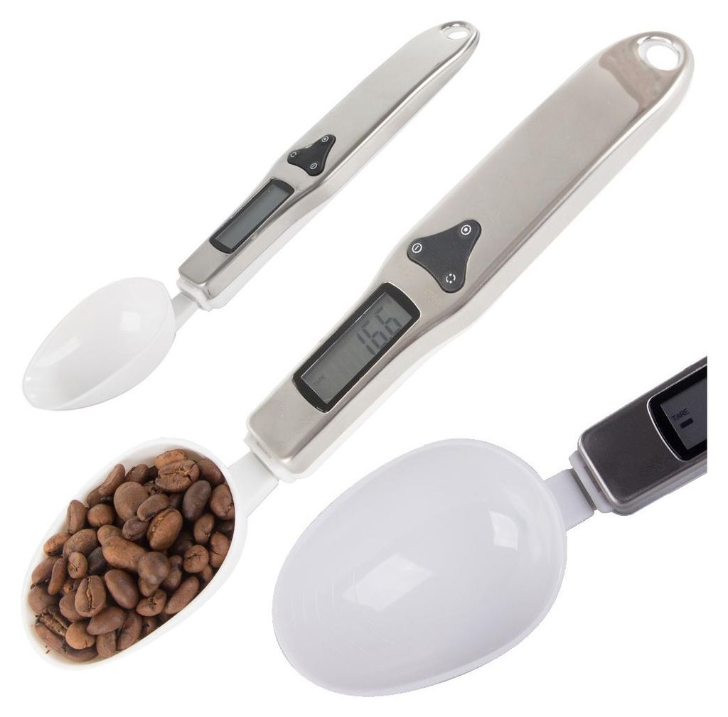 A collage of digital kitchen scales in spoon form, some with coffee beans.