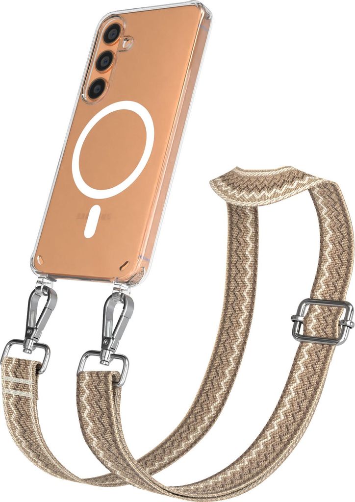 EAZY CASE - Handykette mit MagSafe Hülle für Samsung Galaxy S24, Handyband Wave Style, Karabiner Silber, Umhängeband in Hellbraun