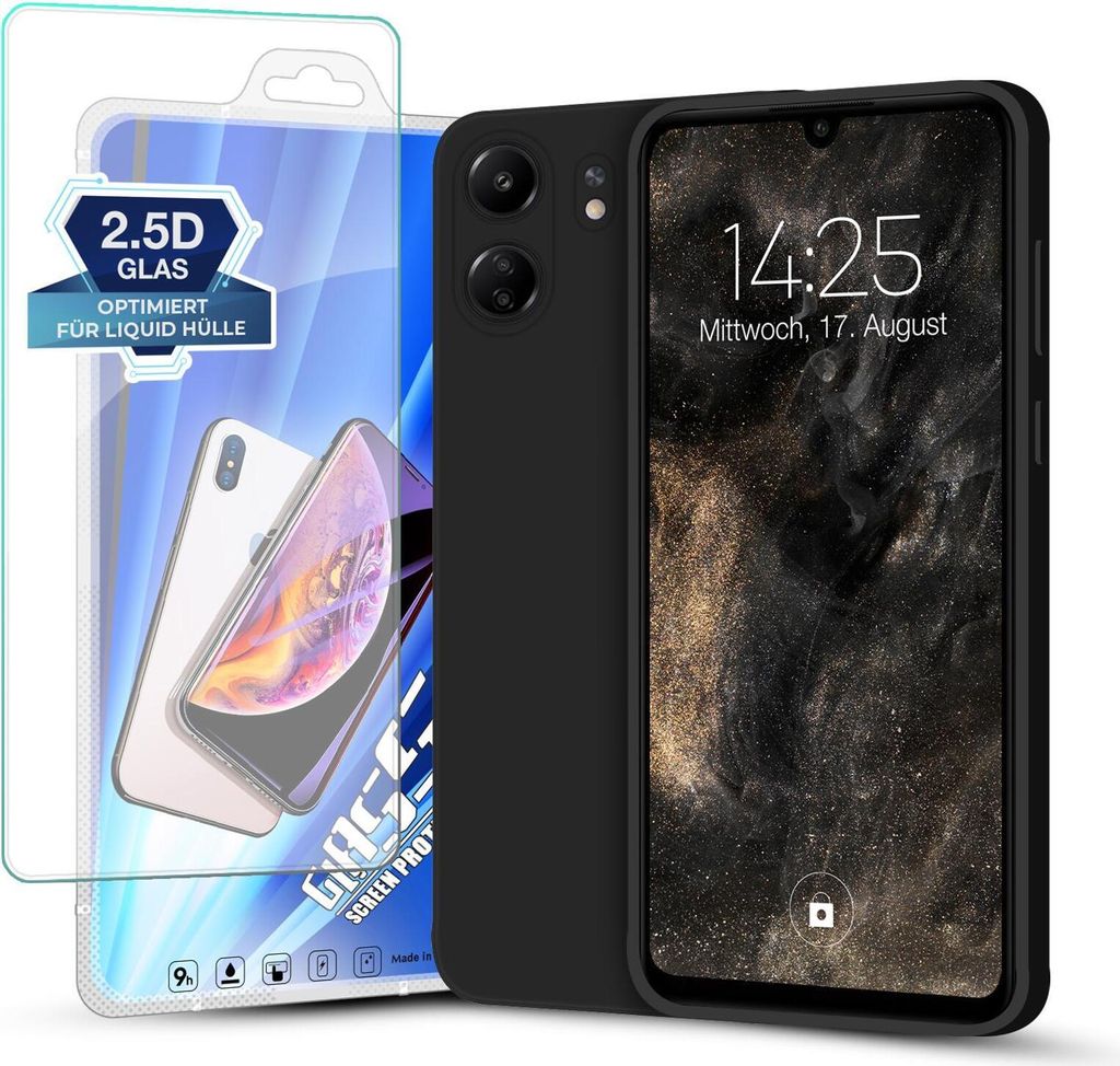 Hülle für Xiaomi Redmi 13C mit 9H Displayglas Displayschutz Plus Case Cover Bumper Silikon Softgrip Schutzhülle Farbe: Schwarz