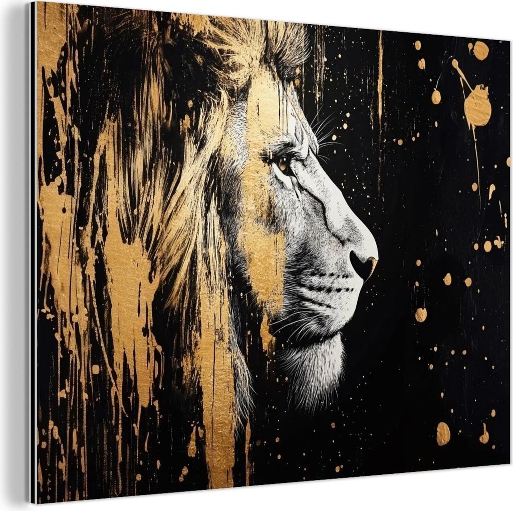 MuchoWow Wanddekoration Metall Metallbild Wandkunst 80x60 cm Porträt - Löwe - Abstrakt - Gold MuchoWow Aluminium Gemälde - Alubild