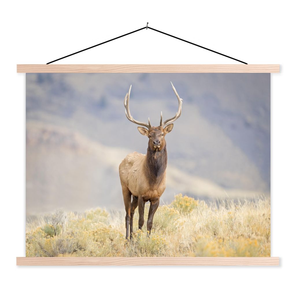 MuchoWow Textilposter Hirsche - Berge - Gras 40x30 cm mit holzfarbenen Rahmen - Bilder