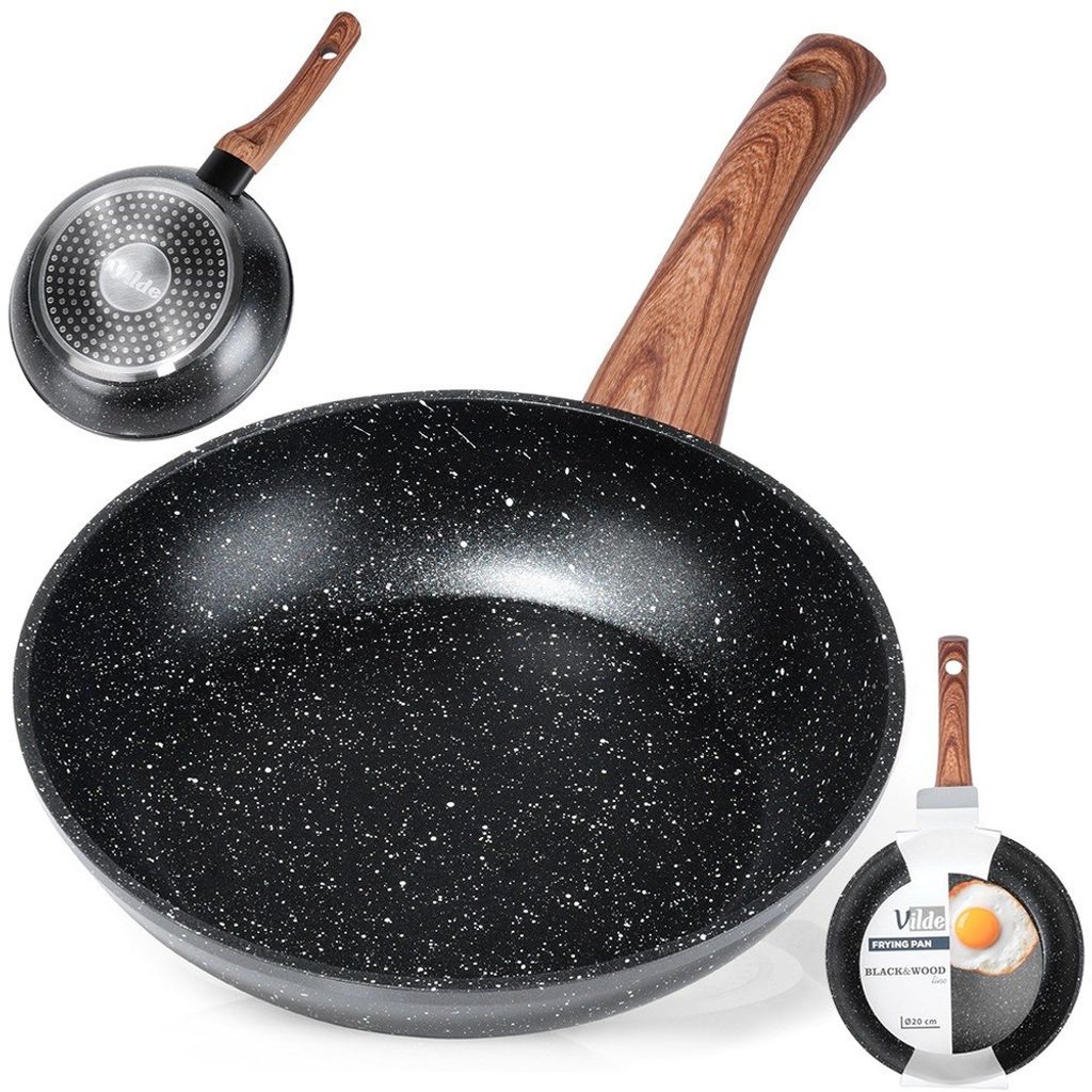 A frying pan with a wooden handle is shown against a white background. There are also smaller images of the pan and its packaging.