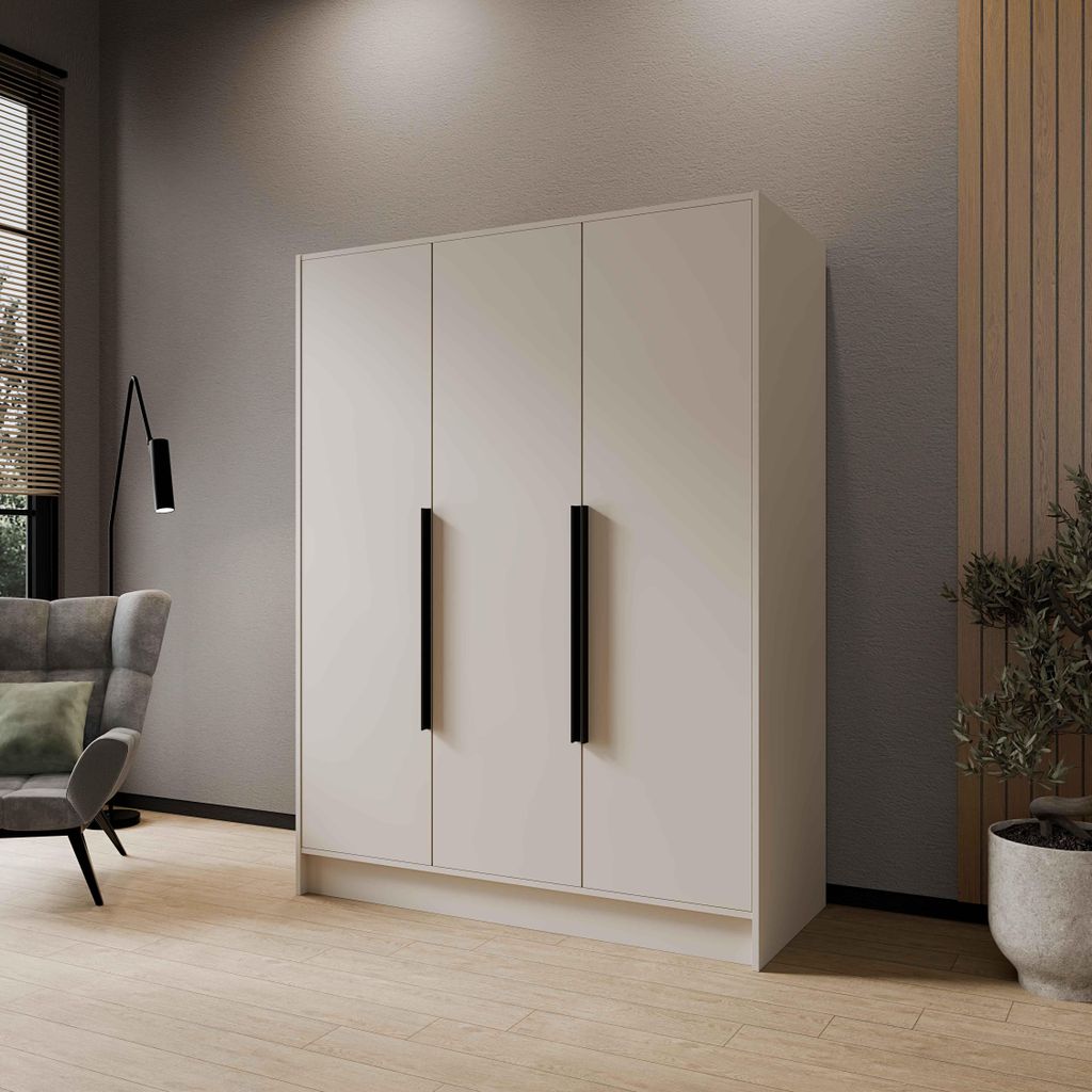 Drehtürenschrank PAVIA 150 cm Moderner Kleiderschrank mit glatten Türen, Kaschmir mit schwarze Griffe