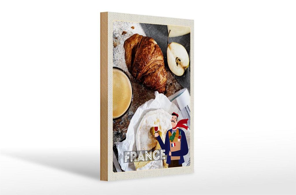 Holzschild Reise 20x30cm Frankreich Kaffee Croissant Birne Produktbild 