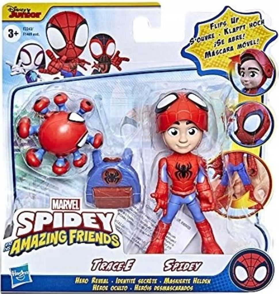 The image shows a toy set of Spidey and Trace-E from Marvel's Spidey and His Amazing Friends, presented in its retail packaging.
