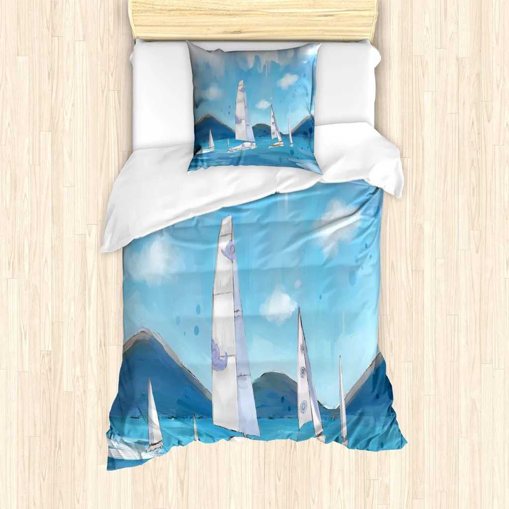 ABAKUHAUS Set copripiumino per letto singolo, paesaggio marino, antiacaro, adatto a chi soffre di allergie, con federa, 135 cm x 200 cm - 80 x 80 cm, blu ardesia e azzurro