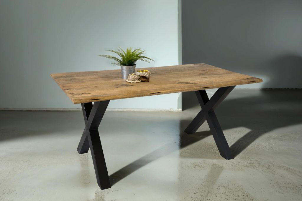 Esstisch Tiger 180 x 90 cm, Mangoholz massiv & naturfarben, Baumkantentisch mit X-Metallgestell in Schwarz, echte Baumkante, Esszimmertisch in Vint...