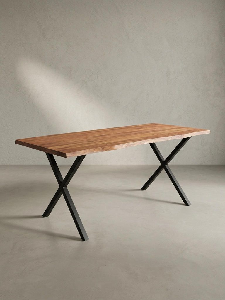 Computertisch Massivholz | Bürotisch mit Baumkante | Schreibtisch Home Office | X-Bein Arbeitstisch | Goldbraun-Schwarz 160x80 cm | KRETA von Kadi...