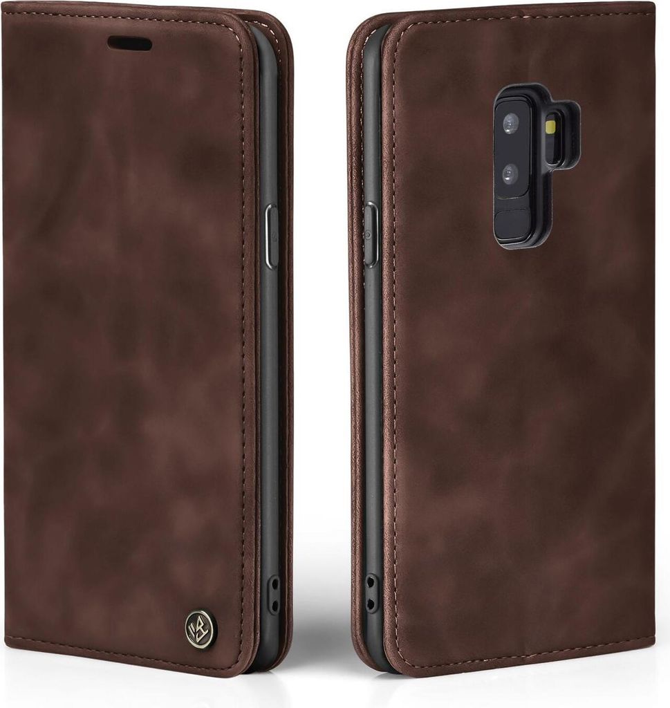 A brown flip case for a Samsung Galaxy S9+ phone is shown from two angles.