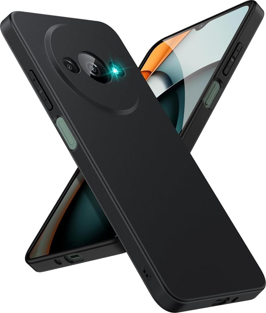 A black silicone phone case is shown diagonally, with another phone partially visible behind it.