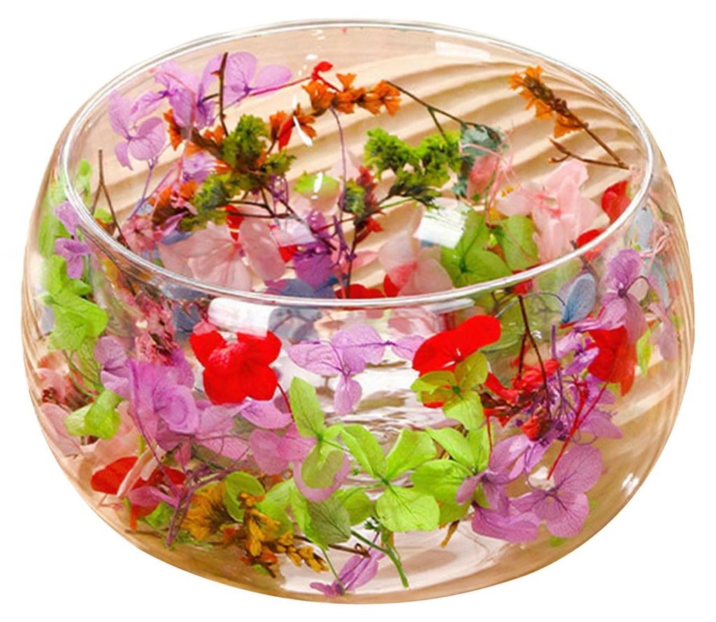 Doppelwandige Glasschüssel mit echten gepressten Blüten, hitze- und kältebeständig, transparent, ideal für Salate und Desserts, hübsche Küch...