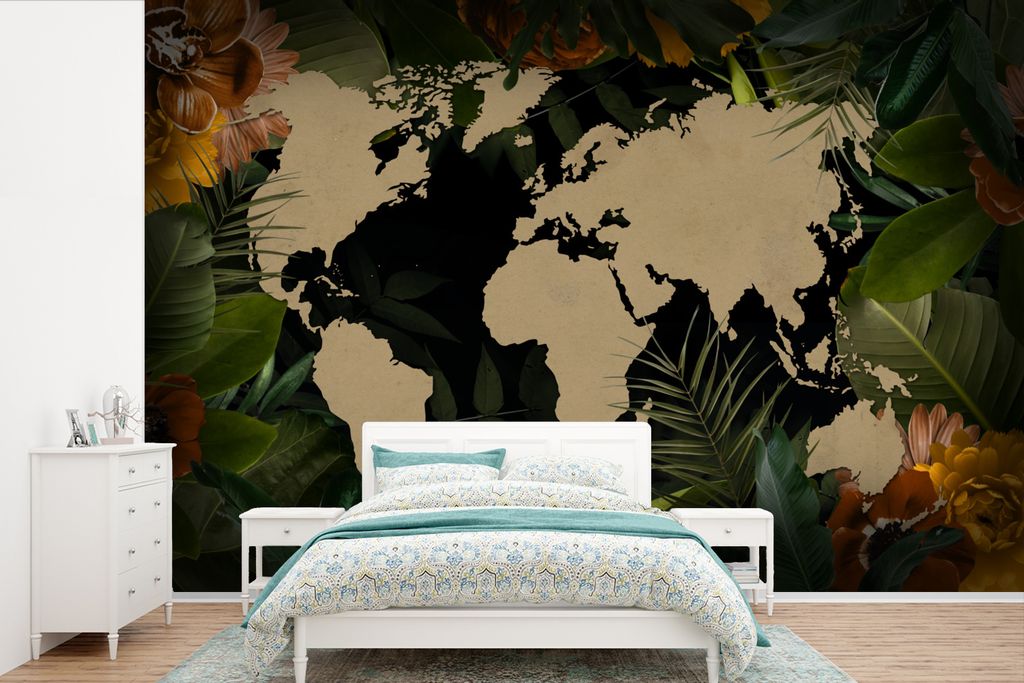 MuchoWow Fototapete für Wohnzimmer oder Schlafzimmer Wandtapete Vinyl Motivtapete Weltkarte - Pflanzen - Blätter - 600x400 cm - Vinyltapeten