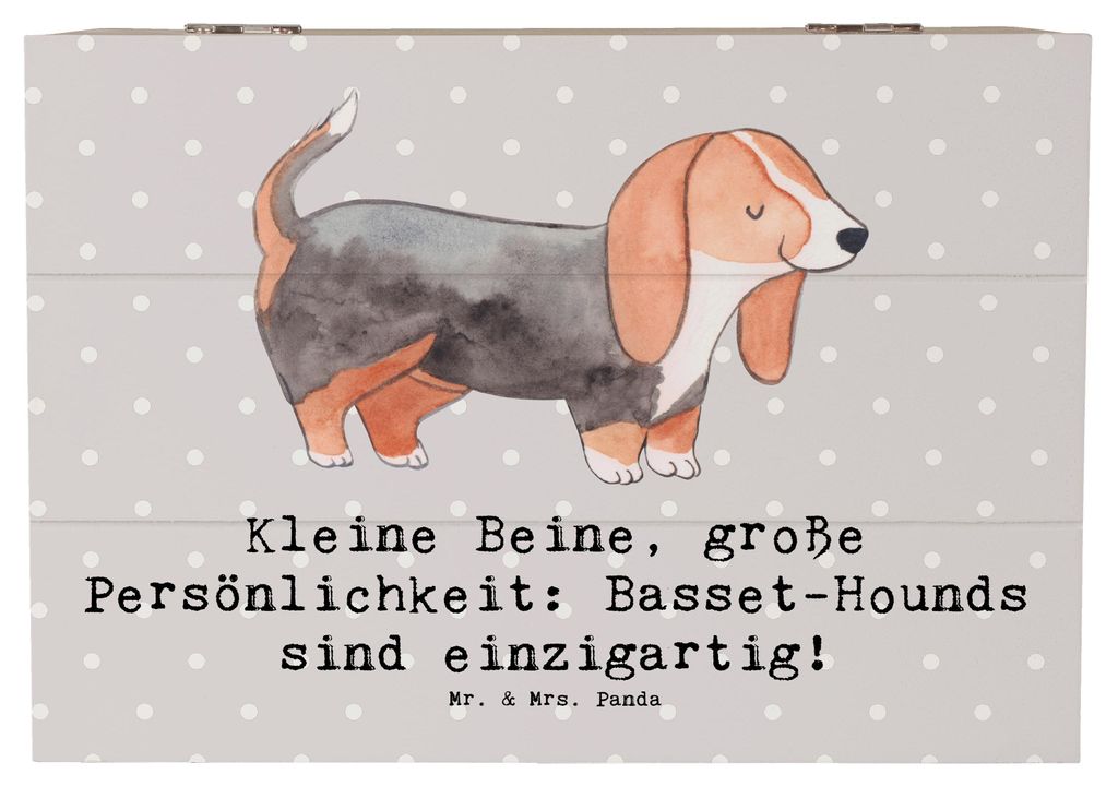 Mr. & Mrs. Panda Holztruhe Basset Hound Persönlichkeit 22 x 15 cm - Grau Pastell - Geschenk, Hunderassen, charmant, Kiste, Truhe, fotobox, Holzkis...