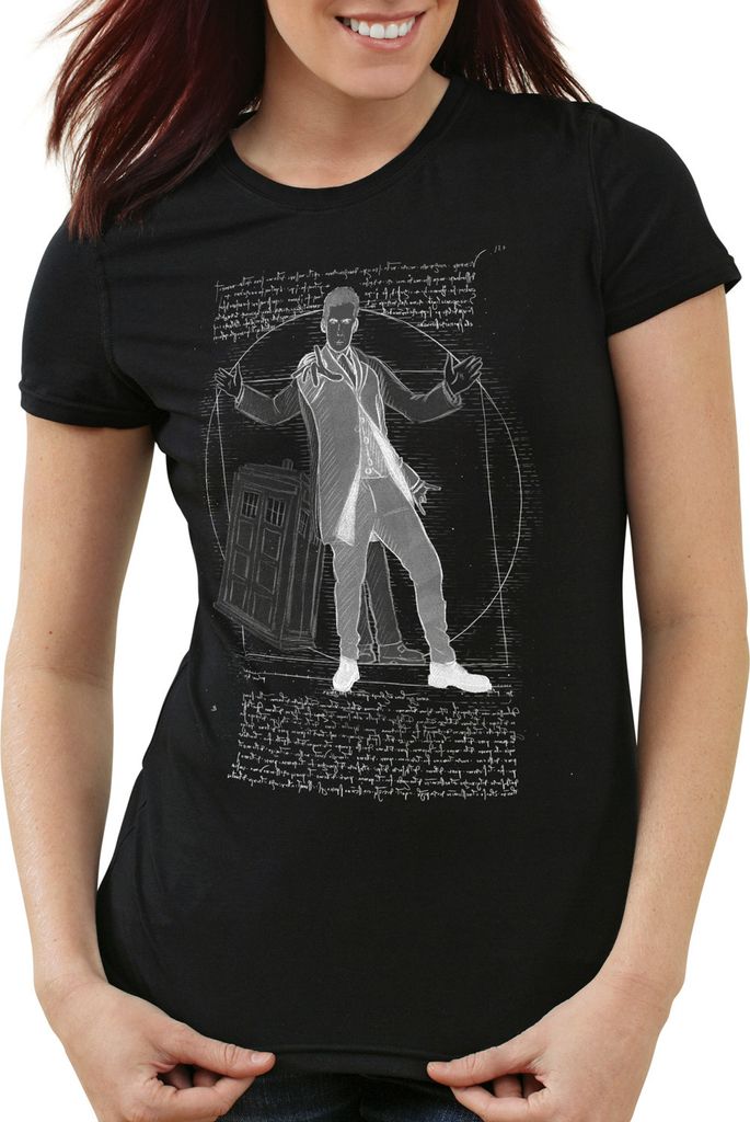 style3 Vitruvianischer Doktor Damen T-Shirt zeitreise serie polizei notrufzelle, Farbe:Schwarz, Größe:XS