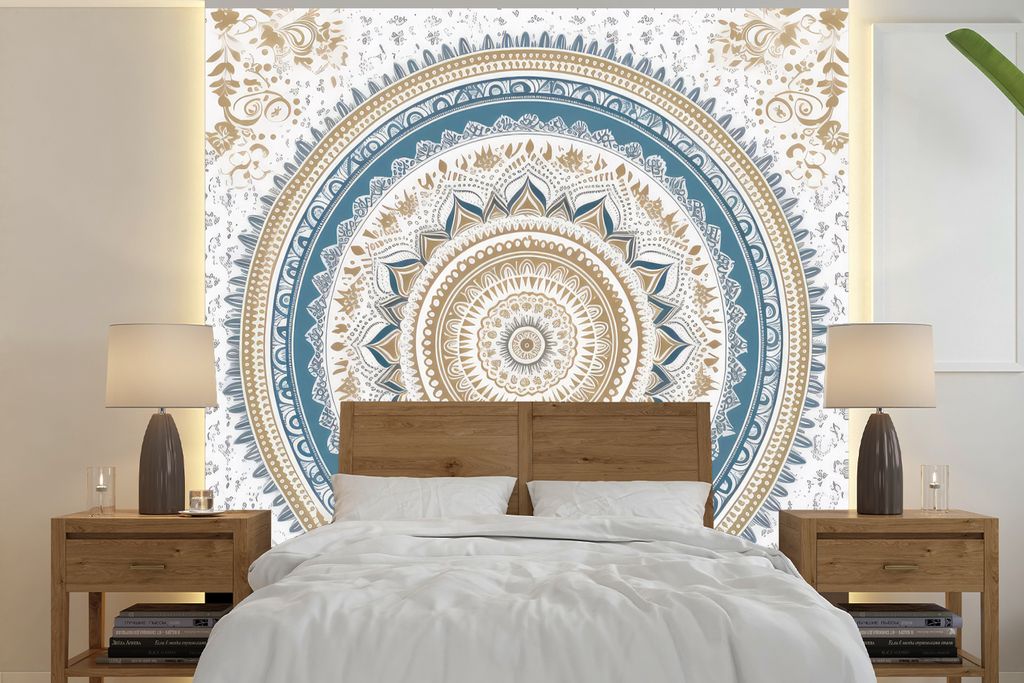MuchoWow Fototapete für Wohnzimmer oder Schlafzimmer Wandtapete Vinyl Motivtapete Mandala - Blau - Bohème - Weiß - Design - 220x220 cm - Tapeten