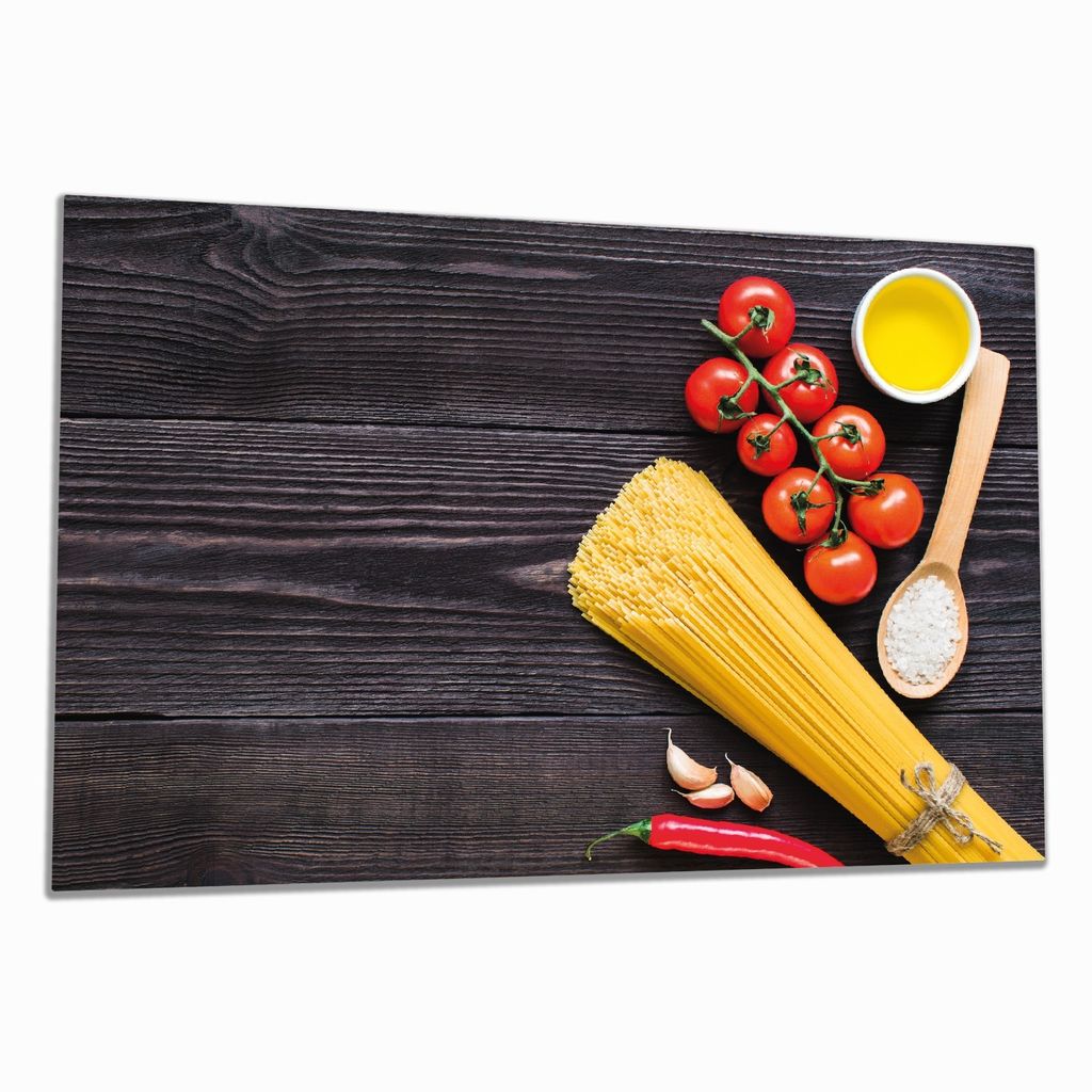 Wallario Herdabdeckplatte aus Glas, Größe 80 x 52 cm 1-teilig, Motiv Italienisches Menü mit Spaghetti, Tomaten, Salz und Chilischoten