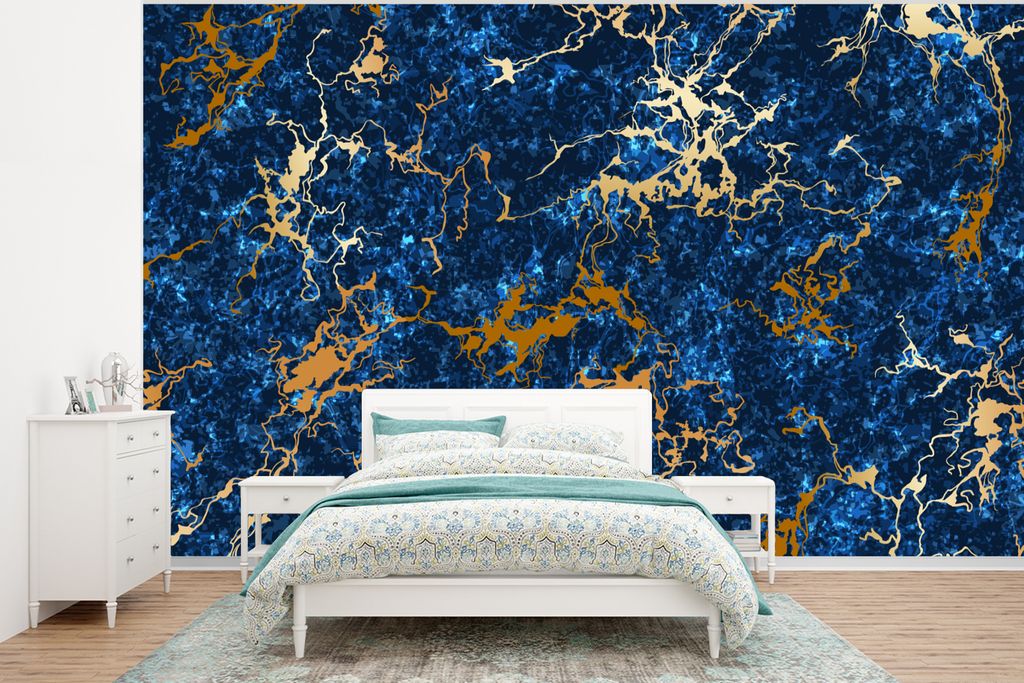 MuchoWow Fototapete für Wohnzimmer oder Schlafzimmer Wandtapete Vinyl Motivtapete Marmor - Textur - Gold - Blau - 295x220 cm - Wand Tapete