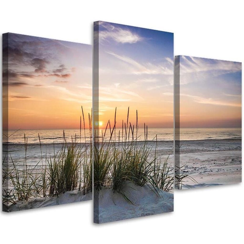 Triptychon auf leinwand strand bei sonnenuntergang 150x100 cm Feeby lila wandbild bereit zum aufhängen